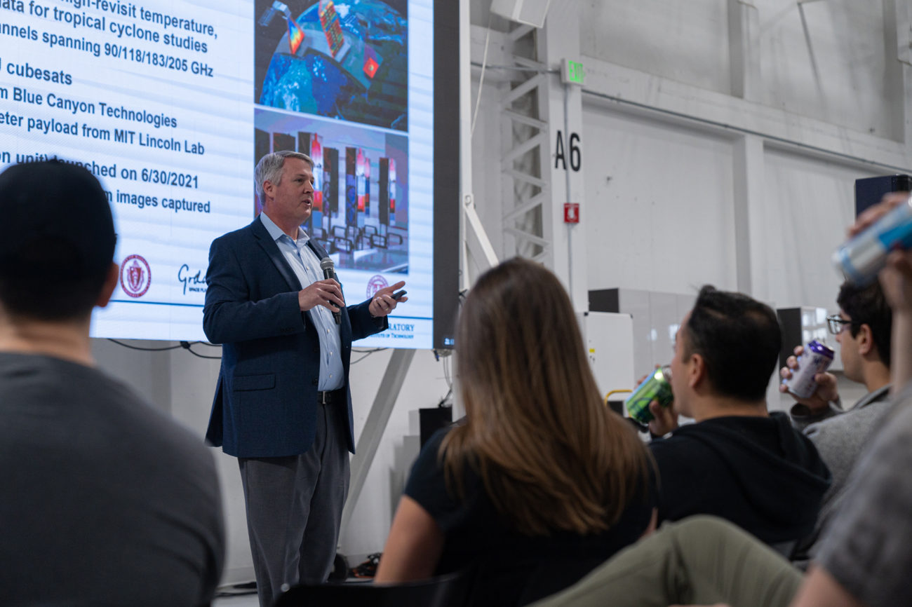 Dr. Blackwell speaking to a crowd of Astra employees.